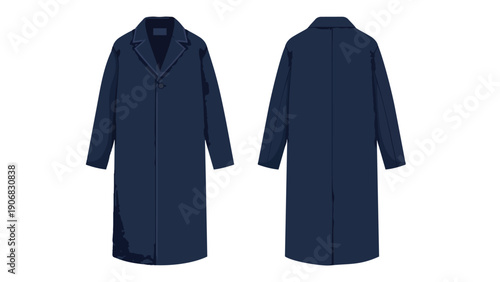Contemporary dark navy longline overcoat vector illustration presenting meticulous front and rear garment design for fashion projects and digital