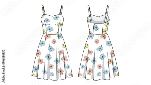 Charming summer dress illustration with delicate floral pattern front and back views displayed
