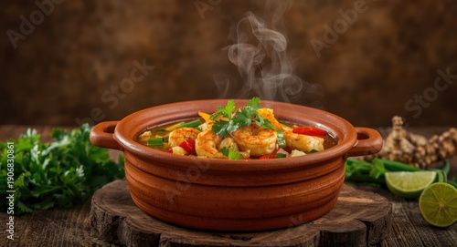 Brazilian shrimp moqueca served hot in traditional clay cookware with garden fresh herbs and vegetables