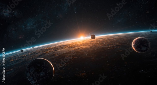 Futuristic space panorama showing planets lit by dual color stars in the universe