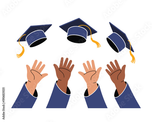 A group of diverse people celebrating graduation with tossed caps in the air