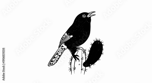 Black bird perched on cactus, singing with open beak