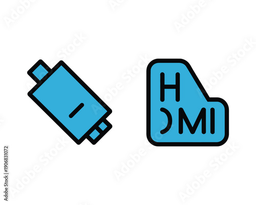 A blue HDMI cable connector and a blue HDMI logo on a white background