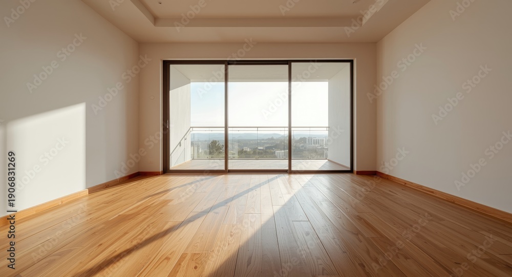 Fototapeta premium Bare room with fine wooden floors and expansive glass sliding doors providing balcony access