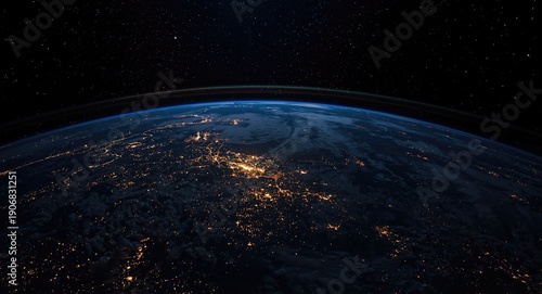 Breathtaking view of planet Earth illuminated by city lights and sparkling stars from orbit