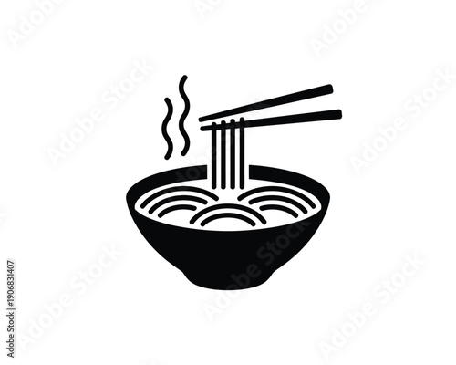 A black and white illustration of a steaming bowl of noodles with chopsticks picking up some noodles.