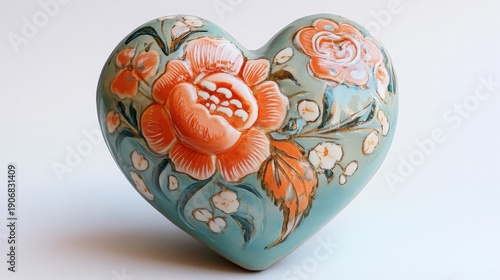 Heart-Shaped floral design: A ceramic heart-shaped object, delicately adorned with a vibrant floral design in soft hues, symbolizes love, affection, and beauty. 