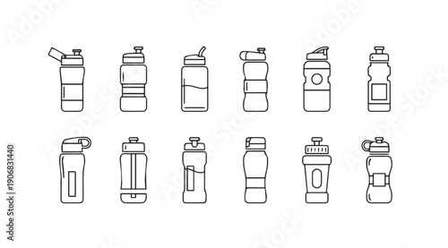 Collection of various water bottle outlines for sports and fitness, isolated on white background.