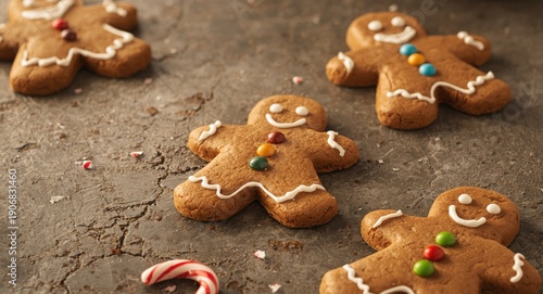 Delicious gingerbread men cookies displayed on a rough concrete surface ideal for festive and baking concepts