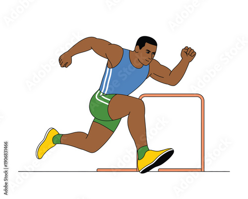 A male athlete in motion, running over a hurdle during a track and field event with determination and speed.