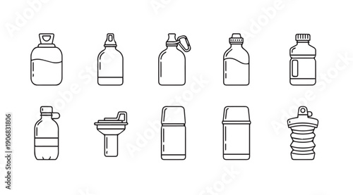 Collection of water bottle icons, diverse styles, line art, isolated on white