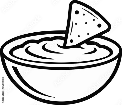 A stylized black and white image of a single tortilla chip dipped in a bowl of dip