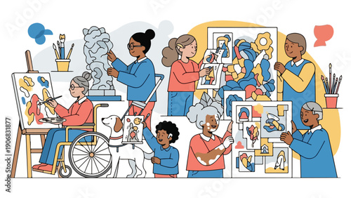 Diverse group of people creating art, including painting and sculpting