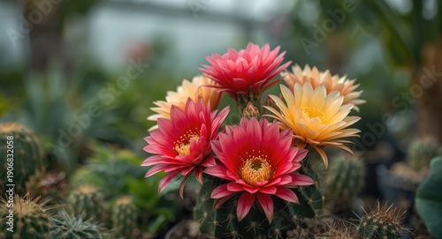 Gymnocalycium cactus flowers bursting with color amidst greenhouse greenery