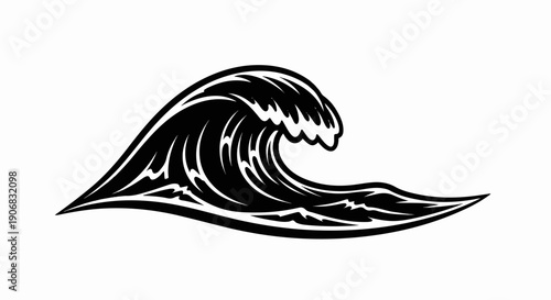 A stylized black and white image of a cresting ocean wave