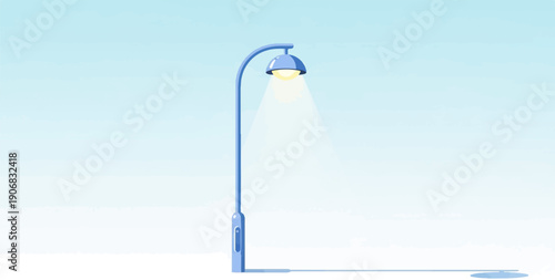 A single blue streetlamp with a glowing bulb illuminates a soft, hazy, light blue sky