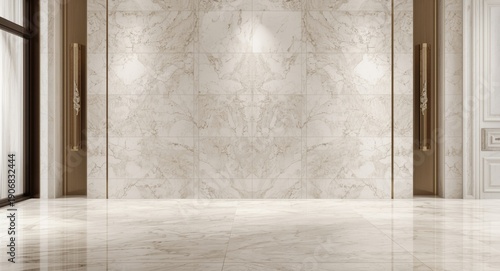 Elegant interior backdrop with marble tile surfaces on walls and floors featuring delicate texture