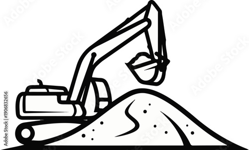 A stylized black and white illustration of an excavator digging into a pile of dirt