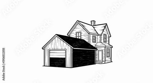 Black and white line drawing of a house with an attached garage