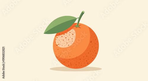 A single orange with a leaf and stem against a light background