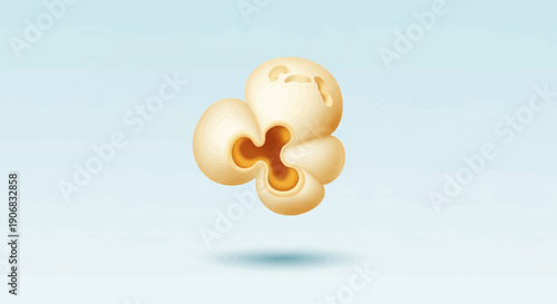 A single piece of puffed popcorn floats in the center of a pale blue background