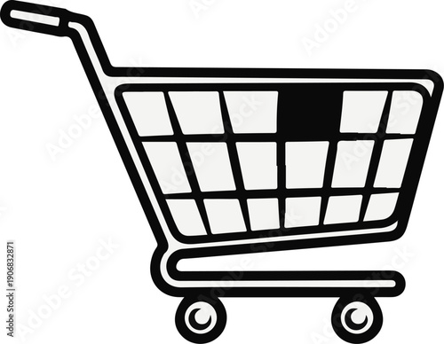 A stylized black and white illustration of a shopping cart