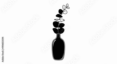 Black and white illustration of a single sprig with leaves in a vase