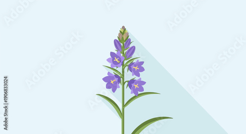 A single stem of purple bell flowers with green leaves against a light blue background