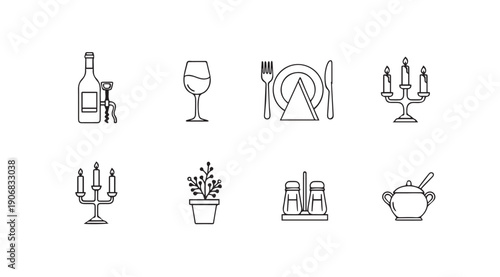 Dining Icons Set: Wine Bottle, Glass, Place Setting, Candlestick, Potted Plant, Salt Shaker, Sugar Bowl