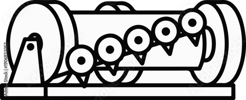 A stylized black and white illustration of a mechanical roller with spiky teeth