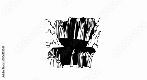 A stylized black and white illustration of a multi-tiered waterfall cascading into a dark pool