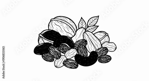Black and white line drawing of a pile of nuts and dried fruits with leaves