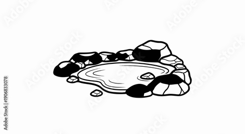 Black and white illustration of a small, natural pond surrounded by rocks