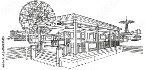 A sketch depicts a vintage amusement park scene with a train station and Ferris wheel