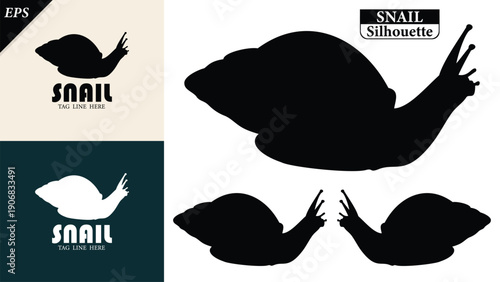 snail silhouette isolated on white background with logo text space, featuring a clean black shape symbolizing nature, patience, simplicity. Ideal for logos, snails vector silhouette icon, snail logo
