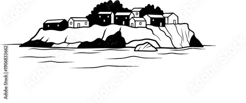A stylized, black and white drawing of houses atop a rocky island in the sea