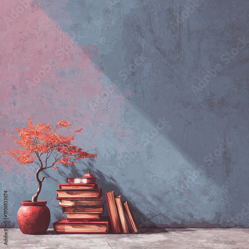 Literary Nook:  A serene space of knowledge unfolds with books, and the radiant plant creating a composition of peace, wisdom and knowledge.