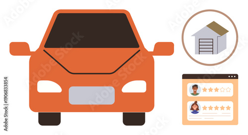 Transportation, automotive services, online review systems, logistics, vehicle ratings, rental services. A car, garage symbol and online review rating layout. Transportation and automotive services