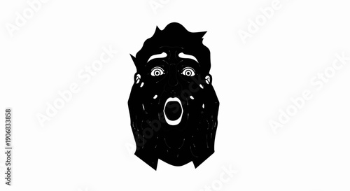 Black and white illustration of a startled face with mouth open wide