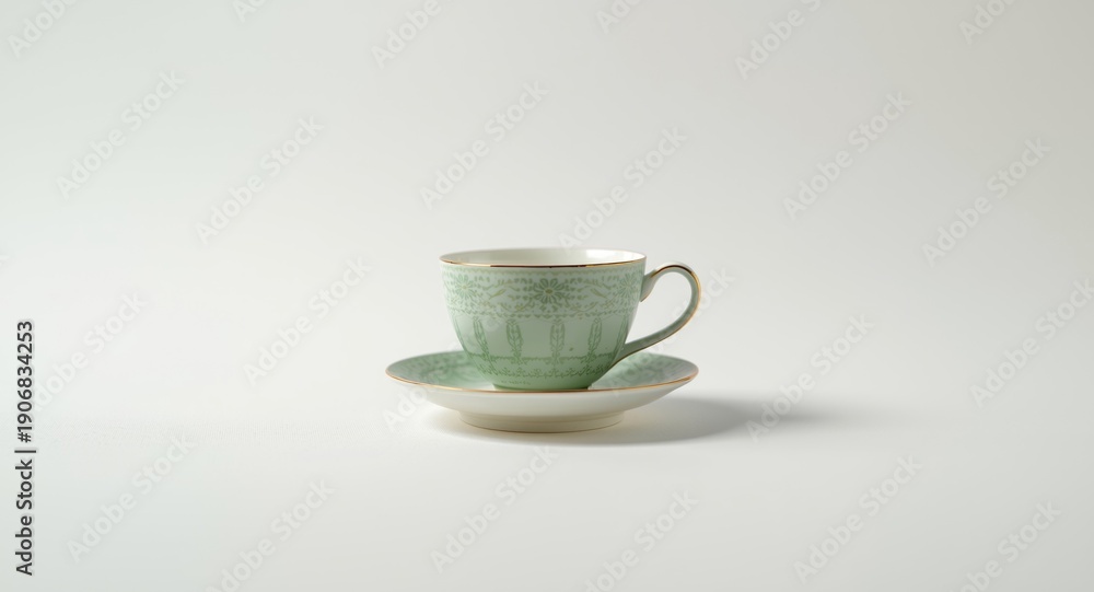 Fototapeta premium Distinctive green tea cup and saucer ensemble on plain white background