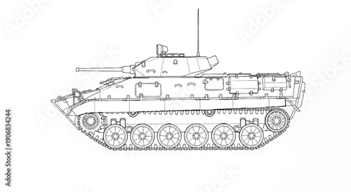 Black and white line drawing of an armored military vehicle with tracks and a turret