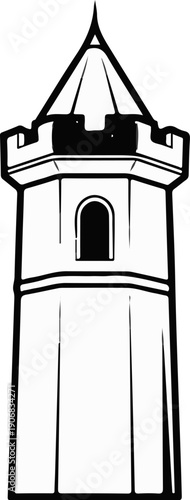 Black and white illustration of a tall, conical-topped tower with crenellations and a single arched window