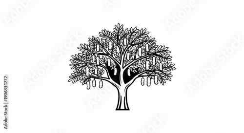 A stylized black and white drawing of a mature tree with many pods hanging