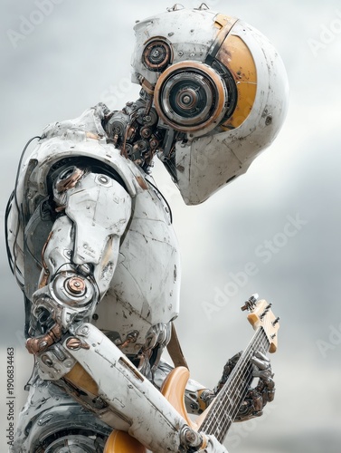 A robotic figure performs with an electric guitar on a gray background.