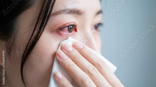 Close-up of a woman dabbing her red, irritated eye with a white tissue to alleviate discomfort and dryness symptoms