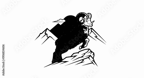 A stylized bighorn ram leaps across jagged peaks