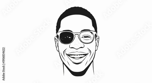 Black and white line drawing portrait of a smiling man wearing glasses