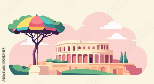 A stylized ancient arena with a colorful umbrella tree and clouds