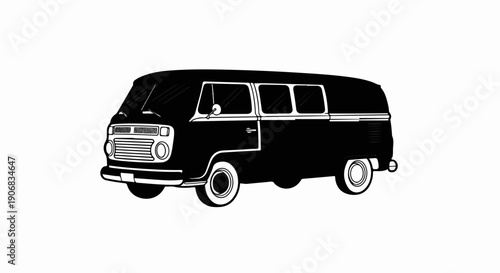 Black and white illustration of a vintage camper van