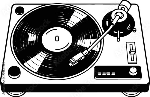 Black and white illustration of a vinyl record player with turntable and needle